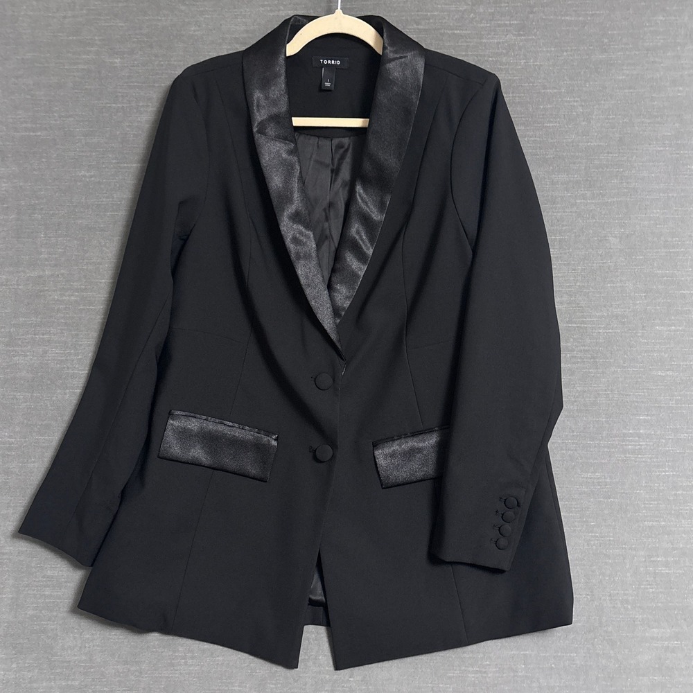 Torrid Tuxedo Jacket 1X Black Satin Trim Shawl Blazer Formal Evening Cocktail